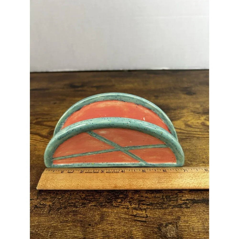 Vintage Ceramic Napkin Holder Coral Teal Speckled Retro Kitchen Decor Stand MCM